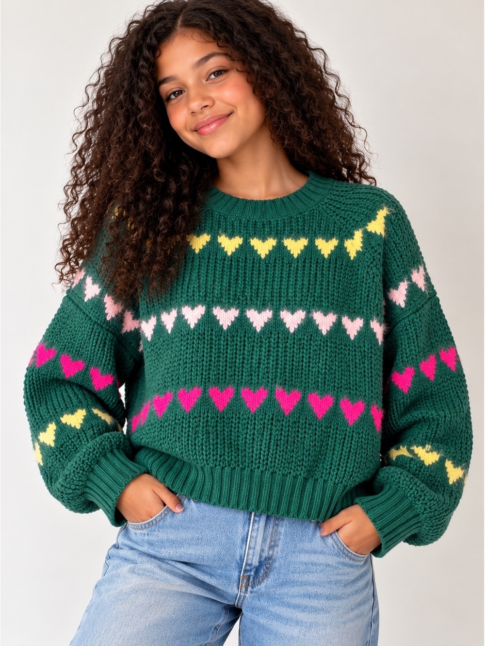 The Reboundouts Girls L 14.5/16.5 Green Heart Knit Sweater NWT